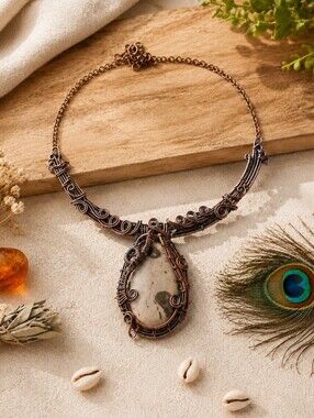Copper Wire Wrapped Coffee Bean Jasper Necklace Bohemian Artisan Statement 19.5"